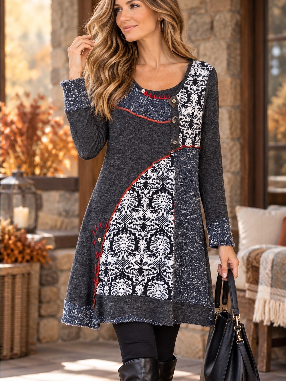 Papillon Mixed Media Boho Tunic Sweater Dress M